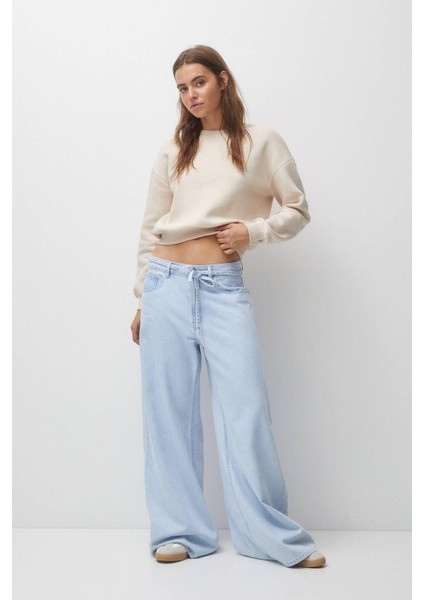 Pamuk Kadın Bej Basic Crop Bisiklet Yaka Uzun Kollu Sweatshirt
