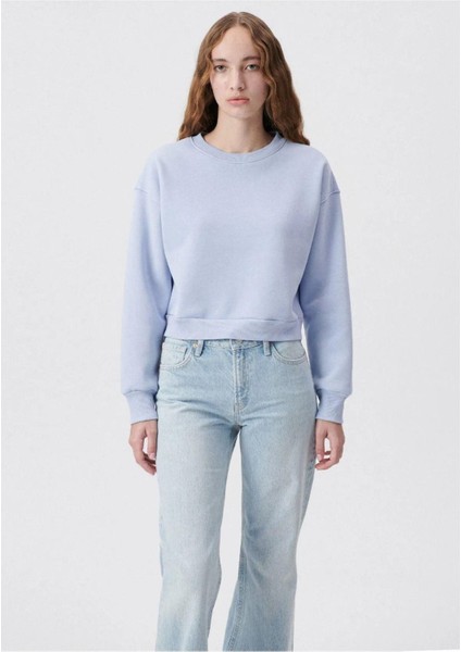 Kadın Pamuk Açık Mavi Ultra Diagonel Şardonsuz 3 İplik Bisiklet Yaka Basic Sweatshirt