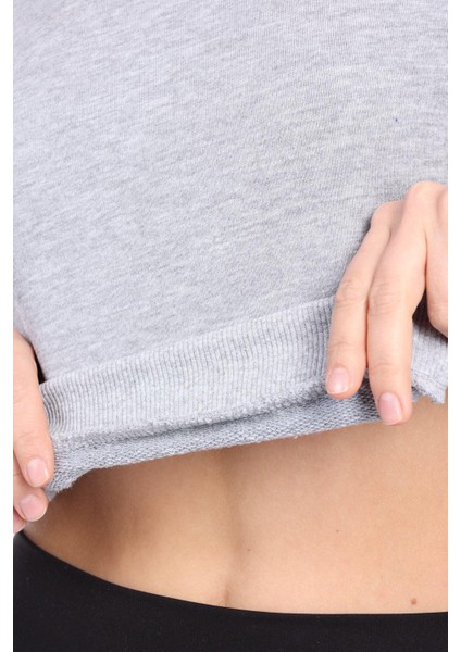 Gri Melanj %100 Pamuk Şardonsuz Kadın Basic Crop Bisiklet Yaka Uzun Kollu Sweatshirt fiyatları