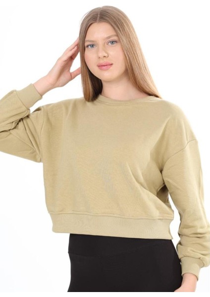 Kadın Pamuk Açık Haki Ultra Diagonel Şardonsuz 3 İplik Bisiklet Yaka Basic Sweatshirt
