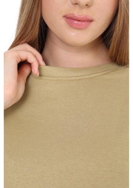 Kadın Pamuk Açık Haki Ultra Diagonel Şardonsuz 3 İplik Bisiklet Yaka Basic Sweatshirt