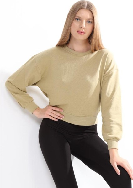 Kadın Pamuk Açık Haki Ultra Diagonel Şardonsuz 3 İplik Bisiklet Yaka Basic Sweatshirt