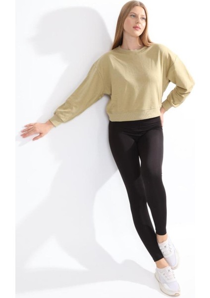 Kadın Pamuk Açık Haki Ultra Diagonel Şardonsuz 3 İplik Bisiklet Yaka Basic Sweatshirt