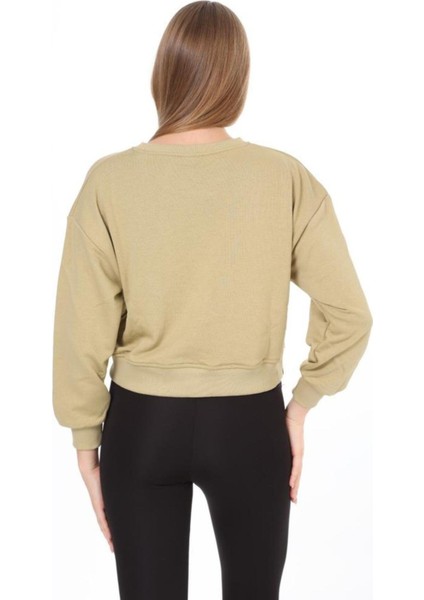 Kadın Pamuk Açık Haki Ultra Diagonel Şardonsuz 3 İplik Bisiklet Yaka Basic Sweatshirt