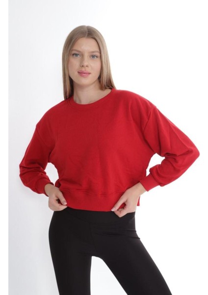 Kadın %100 Pamuk Kırmızı Ultra Kalite Diagonel Şardonsuz 3 Iplik Bisiklet Yaka Basic Sweatshirt