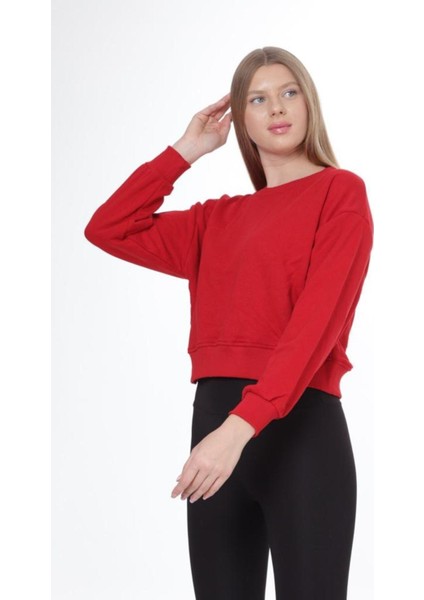 Kadın %100 Pamuk Kırmızı Ultra Kalite Diagonel Şardonsuz 3 Iplik Bisiklet Yaka Basic Sweatshirt