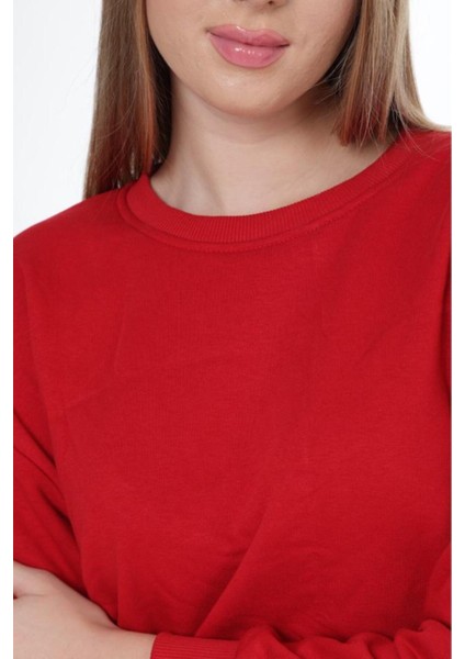 Kadın %100 Pamuk Kırmızı Ultra Kalite Diagonel Şardonsuz 3 Iplik Bisiklet Yaka Basic Sweatshirt
