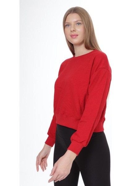 Kadın %100 Pamuk Kırmızı Ultra Kalite Diagonel Şardonsuz 3 Iplik Bisiklet Yaka Basic Sweatshirt