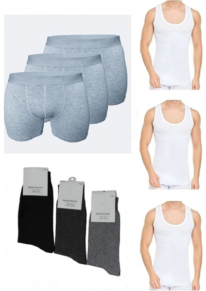 Toplam 9 Parça Atlet - Boxer - Çorap Takımı 3 Boxer 3 Atlet 3 Çorap