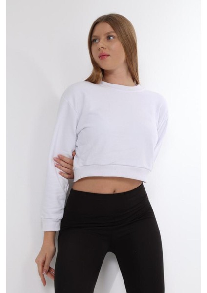 Beyaz %100 Pamuk Baskılı Kadın Basic Crop Bisiklet Yaka Uzun Kollu Sweatshirt