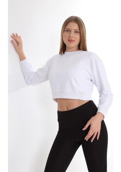 Beyaz %100 Pamuk Baskılı Kadın Basic Crop Bisiklet Yaka Uzun Kollu Sweatshirt fiyatları