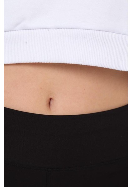 Beyaz %100 Pamuk Baskılı Kadın Basic Crop Bisiklet Yaka Uzun Kollu Sweatshirt indirimleri