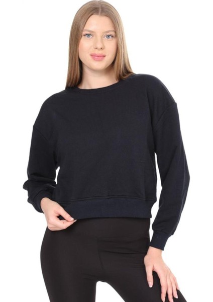 Kadın Pamuk Koyu Lacivert Ultra Diagonel Şardonsuz 3iplik Bisiklet Yaka Basic Sweatshirt