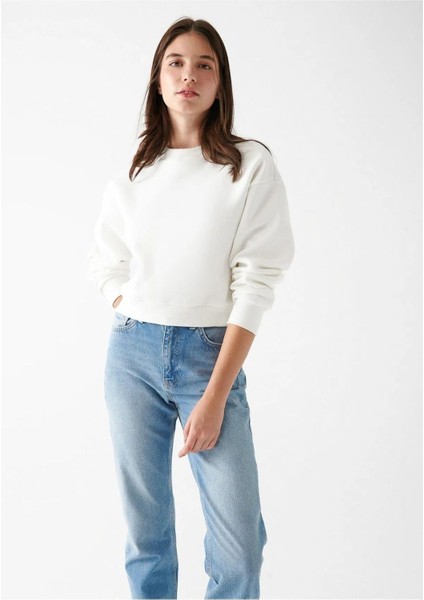Kadın Pamuk Ekru Ultra Diagonel Şardonsuz 3 İplik Bisiklet Yaka Basic Sweatshirt fiyatları