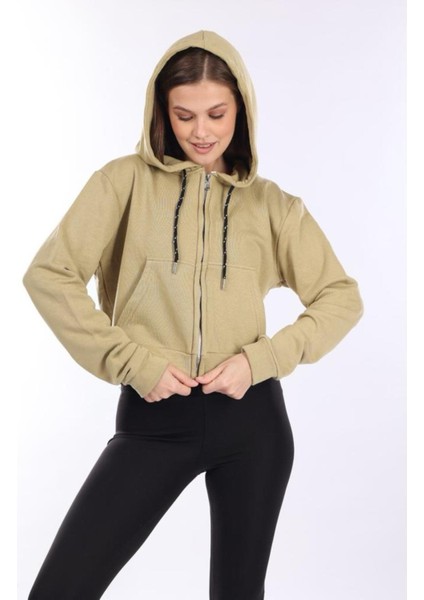 %100 Pamuk Şardonsuz Yüksek Kalite Açık Haki 3 Iplik Kapüşonlu Fermuarlı Cepli Kadın Crop Sweatshirt