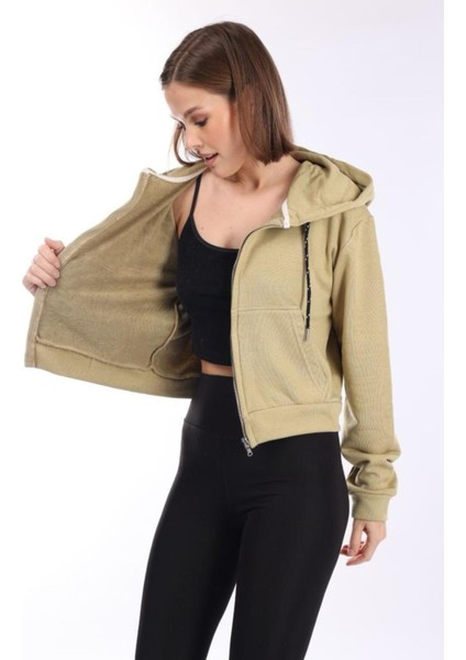 %100 Pamuk Şardonsuz Yüksek Kalite Açık Haki 3 Iplik Kapüşonlu Fermuarlı Cepli Kadın Crop Sweatshirt