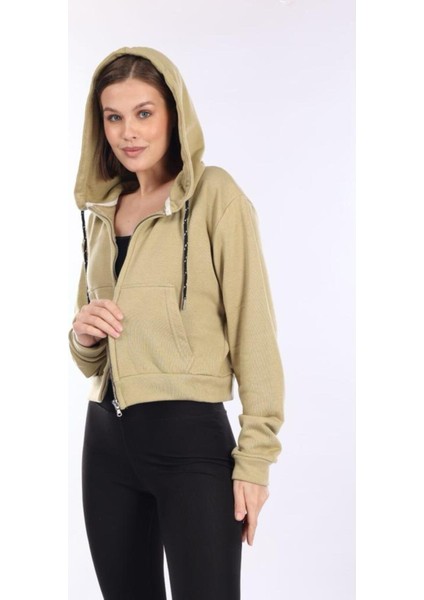 %100 Pamuk Şardonsuz Yüksek Kalite Açık Haki 3 Iplik Kapüşonlu Fermuarlı Cepli Kadın Crop Sweatshirt