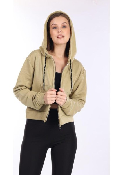 %100 Pamuk Şardonsuz Yüksek Kalite Açık Haki 3 Iplik Kapüşonlu Fermuarlı Cepli Kadın Crop Sweatshirt