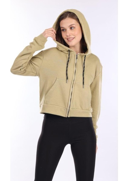 %100 Pamuk Şardonsuz Yüksek Kalite Açık Haki 3 Iplik Kapüşonlu Fermuarlı Cepli Kadın Crop Sweatshirt