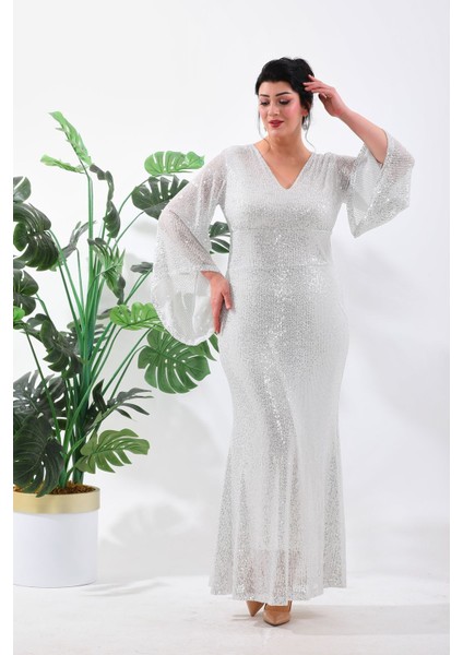 Abiye Beyaz Payet Balık Model Uzun Elbise 3100