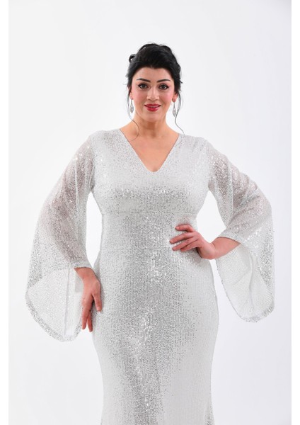 Abiye Beyaz Payet Balık Model Uzun Elbise 3100