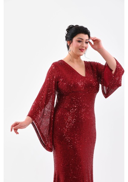 Abiye Bordo Payet Balık Model Uzun Abiye Esnek Elbise
