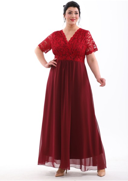 Dantel Şifon Kruvaze Yaka Uzun Abiye Elbise - Big Size, Kısa Kol, Kloş 3102
