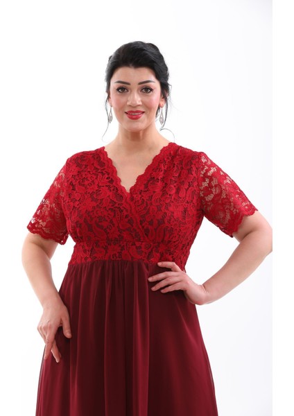 Dantel Şifon Kruvaze Yaka Uzun Abiye Elbise - Big Size, Kısa Kol, Kloş 3102