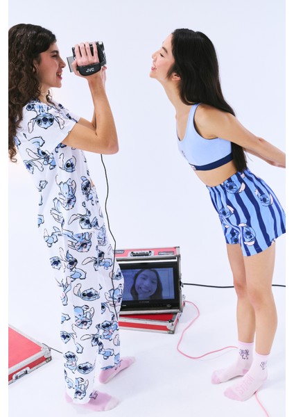 Pamuklu Stitch Gömlek Pantolon Optik Beyaz Pijama Takımı - Stitch Koleksiyonu