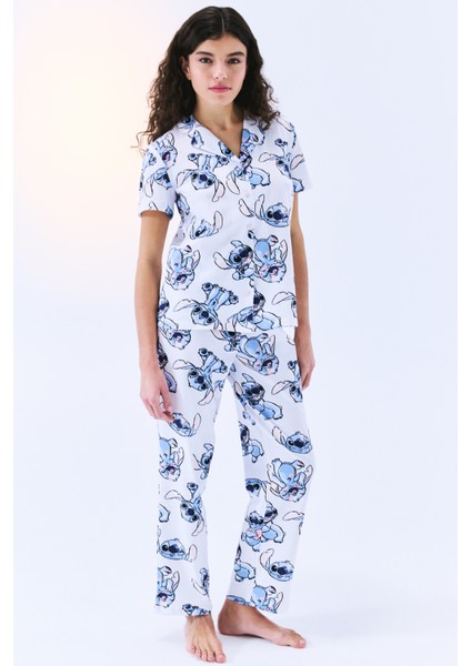 Pamuklu Stitch Gömlek Pantolon Optik Beyaz Pijama Takımı - Stitch Koleksiyonu