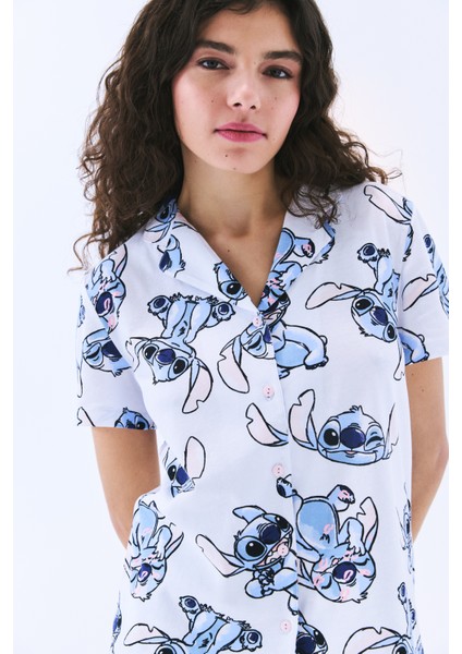 Pamuklu Stitch Gömlek Pantolon Optik Beyaz Pijama Takımı - Stitch Koleksiyonu