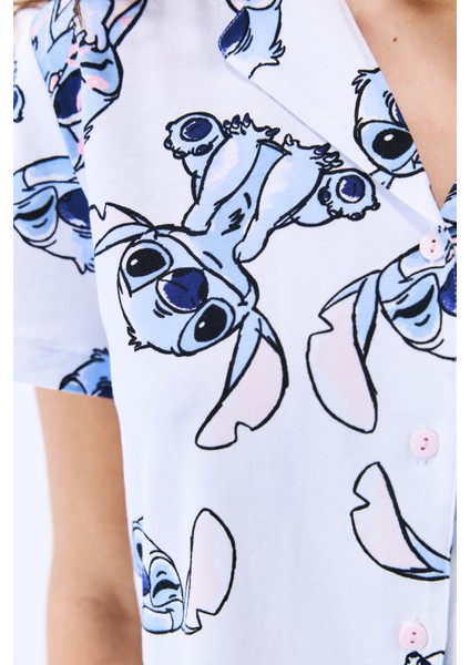Pamuklu Stitch Gömlek Pantolon Optik Beyaz Pijama Takımı - Stitch Koleksiyonu