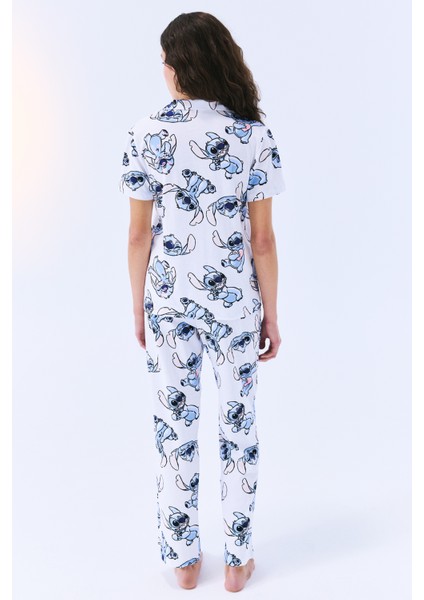 Pamuklu Stitch Gömlek Pantolon Optik Beyaz Pijama Takımı - Stitch Koleksiyonu