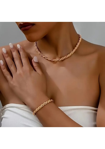 Unisex Rosegold Kalın (3mm) Burgu Çelik Kolye ve Bileklik Set