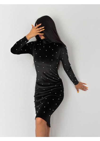 Kadın Balıkçı Yaka Inci Detay Fırsat Ürün Kadife Kumaş Mini Elbise fiyatları