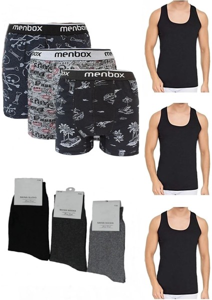 Toplam 9 Parça Atlet - Boxer - Çorap Takımı 3 Boxer 3 Atlet 3 Çorap