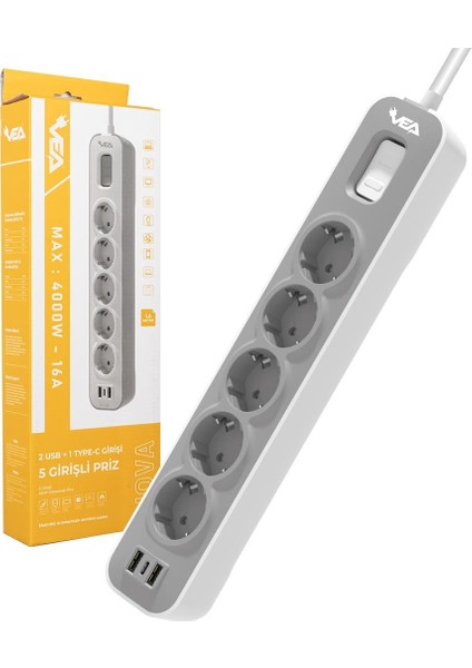 VE-NOVA105U A CLASS 5Lİ 2 USBLİ ANAHTARLI 1.5 METRE AKIM KORUMALI GRUP PRİZ (MADE IN MALAYSIA)