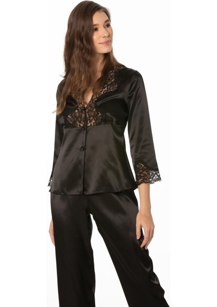 Saten Dantelli Kadın Pijama Takımı - 1110 Siyah