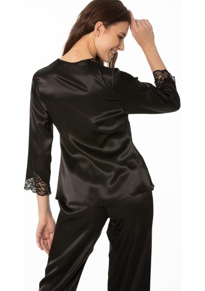 Saten Dantelli Kadın Pijama Takımı - 1110 Siyah