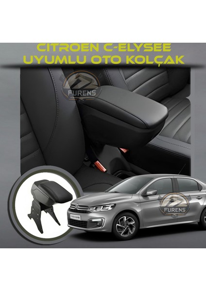 Citroen C-Elysée Uyumlu Kol Dayama ve Kolçak Sürgülü Bardaklıklı Ayarlanabilir Siyah Deri