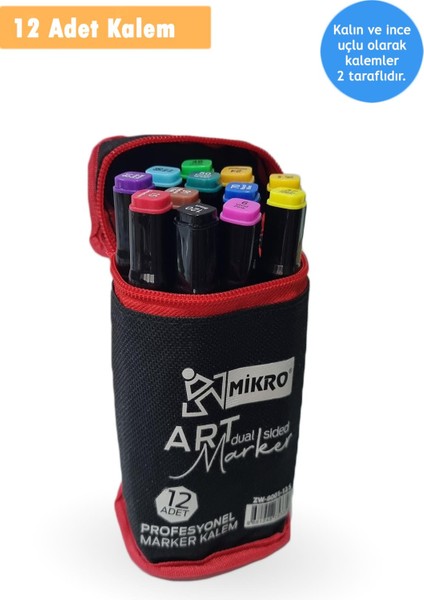 Mikro Çantalı 12 Parça Çift Uçlu Grafiti Kalem Renkli Keçeli Kalem Eskiz, Illüstrasyon Boya Kalemi