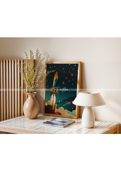 Roket ve Gezegen Temalı 3'lü Ahşap Çerçeveli Tablo Seti 21 x 30