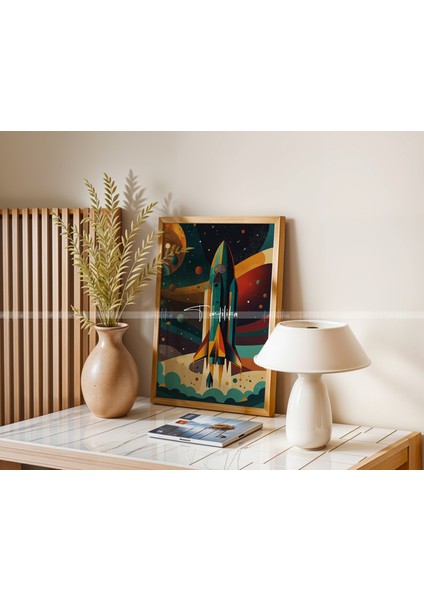 Roket ve Gezegen Temalı 3'lü Ahşap Çerçeveli Tablo Seti 21 x 30