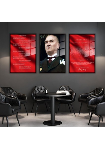 3'lü Metal Çerçeveli Cam Tablo Seti Mavi Gözlü Atatürk Istiklal Marşı ve Gençliğe Hitabe