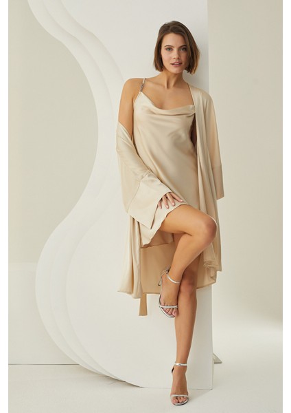 Taş Rengi Silky Kısa Kuşaklı Tek Sabahlık