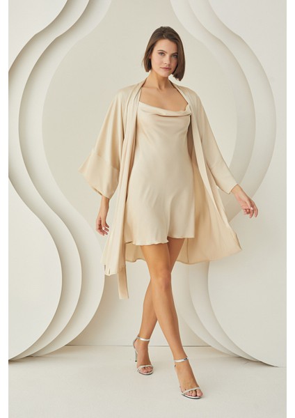 Taş Rengi Silky Kısa Kuşaklı Tek Sabahlık fiyatları