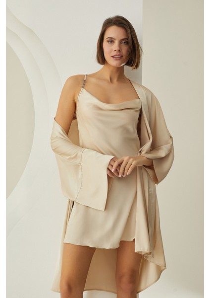 Taş Rengi Silky Kısa Kuşaklı Tek Sabahlık modelleri