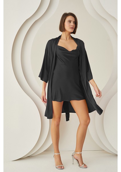 Siyah Silky Kısa Kuşaklı Tek Sabahlık