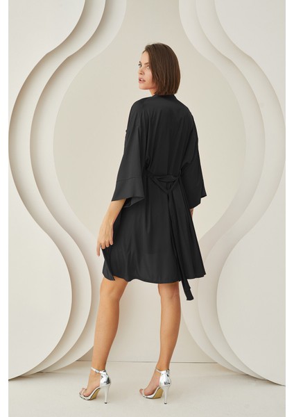 Siyah Silky Kısa Kuşaklı Tek Sabahlık fiyatları