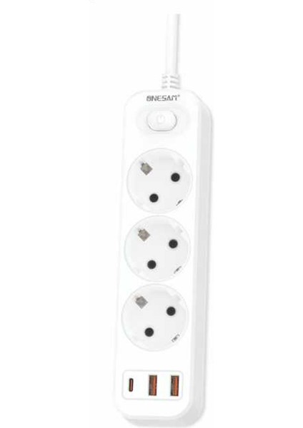 Akım Korumalı 2 Usb+Type-C Li 3'lü Grup Priz 2 M Uzatma Kablosu Beyaz